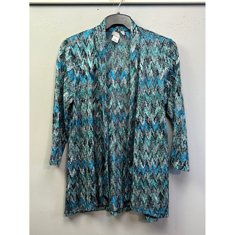 Chico's Cardigan Women 2 Large Blue Travelers Chevron Zigzag Open 3/4 Sleeve